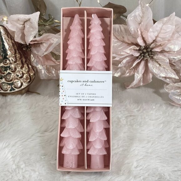 Set of 2 LED Taper Candles Pink Christmas Trees w Timer AA Battery Operated NIB - Picture 2 of 3